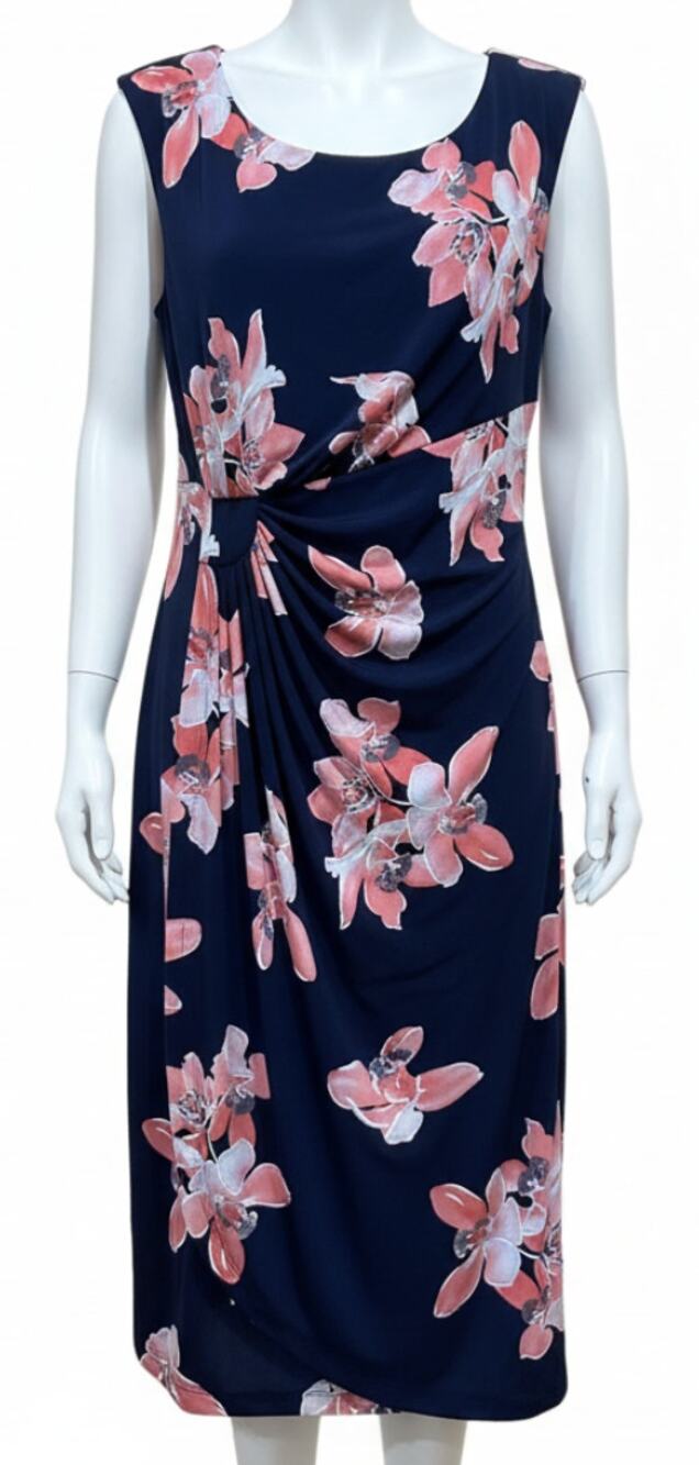 Connected Apparel Dress Womens 8 Navy Blue Pink Floral Ruched Sheath Knee Length